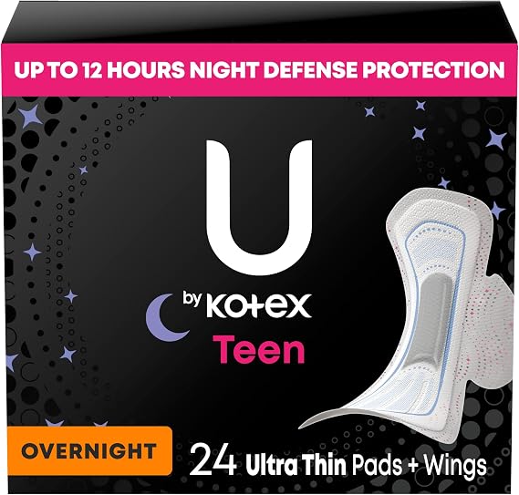 U by Kotex Balance Teen Ultra Thin Overnight Pads with Wings, 24 Count (Packaging May Vary)