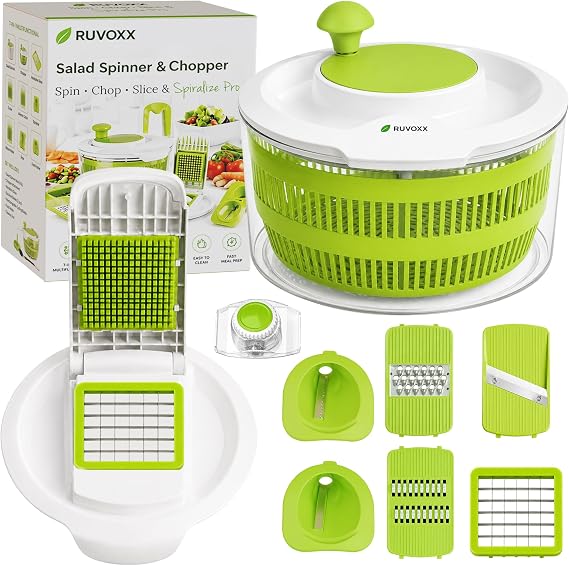 Large Salad Spinner with Slicer - 7-in-1 Lettuce Spinner, Chopper & Grater |  with Fruit Washing Bowl with Strainer, Julienne, Spiralizer, Ribbon Cutter and Dicer Attachments. Dishwasher Safe.