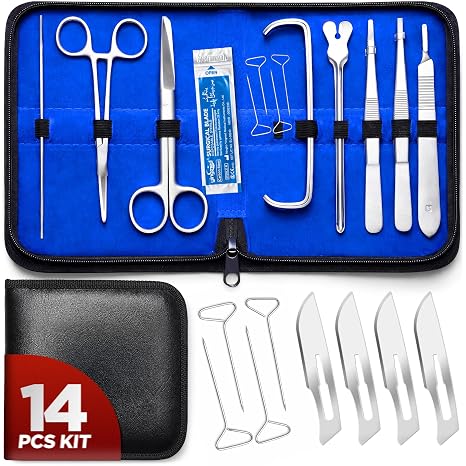 Dissection Kit Durable 14-Piece for Medical & Veterinary Students | Dissecting Set with Stainless Steel Scalpel Knife Handle Blades for Medical and Veterinary Students Stainless Steel