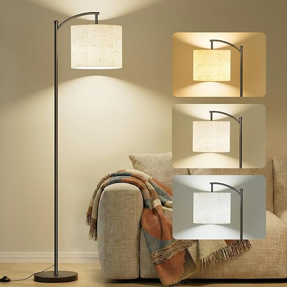 Yikuneng Floor Lamps for Living Room, 63'' Modern Arc Standing Lamp with 3 Color Temperatures & Linen Shade, Corner Lamp Reading Floor Light for Bedroom Office Dorm Room(9W LED Bulb Included) [Energy Class A]