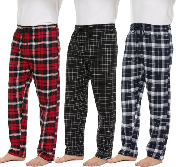 Essential Elements Mens 3 Pack PJ Cotton Flannel Plaid Pajama Lounge Pants | Soft Brushed Warmth With an Elastic Waist, Classic Patterns for Cozy Sleep, Relaxing and Everyday Wear