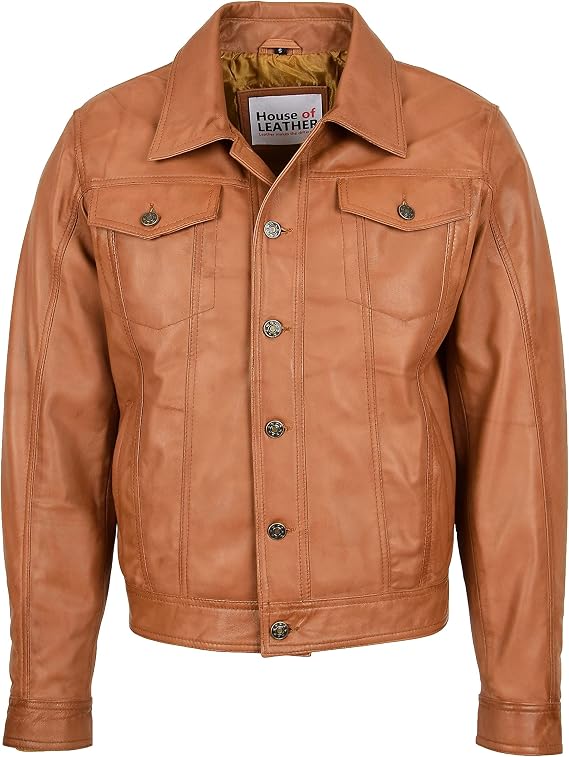 Mens Real Leather Trucker Jacket Lee Rider Style Terry
