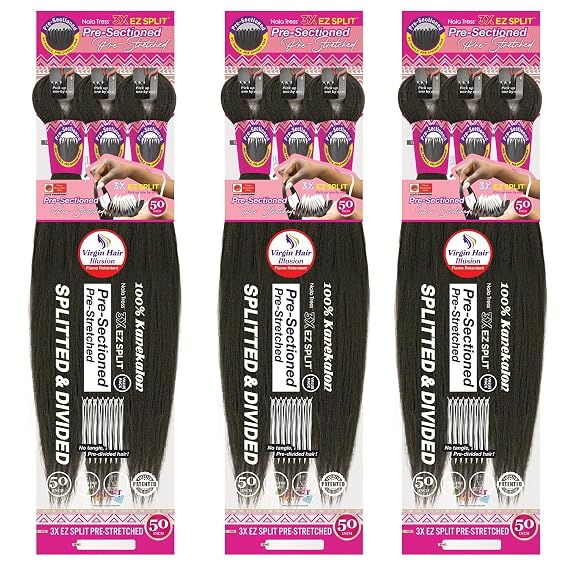 MULTI-PACK DEAL 3PACK! Janet Collection Nala Tress 3X EZ SPLIT Pre-Sectioned Pre-Stretched Braid Knotless Extremely light weight Premium Fiber 50inches 9Bundles (50, Color #RM4/27/613)