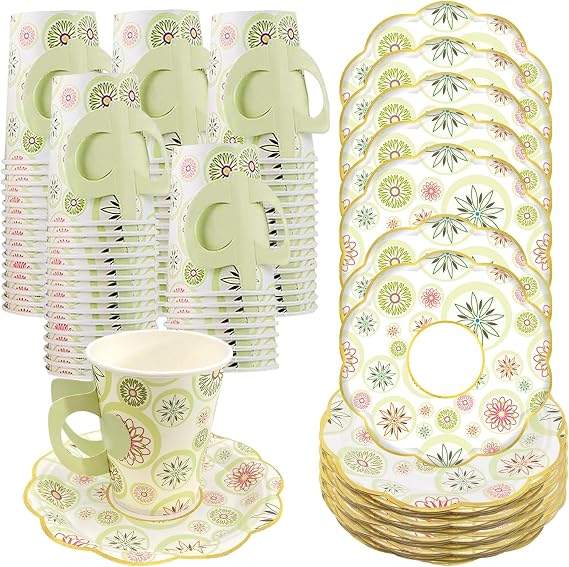 9 Oz Disposable Paper Cups with Saucers,80 Sets Disposable Tea Cups with handler for Party Family Gathering,Paper Coffee Cups for Home Company Parties