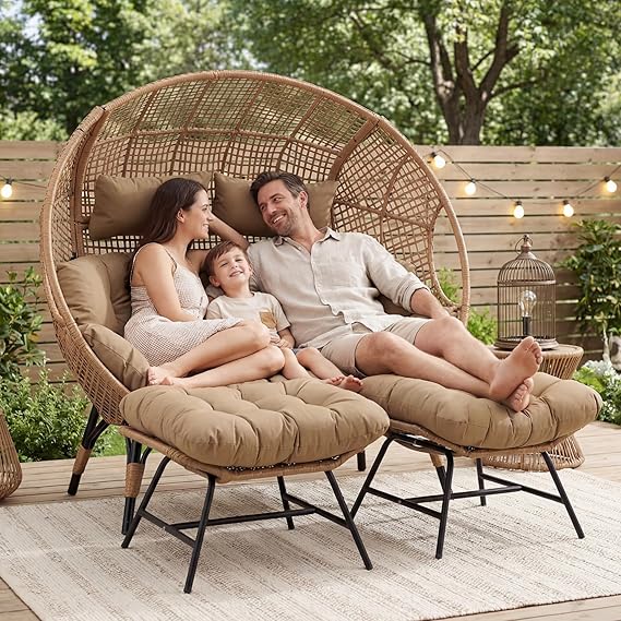 2 Person Egg Chair Indoor Outdoor Stationary Wicker Large Egg Seating Large Egg Basket Lounge Chair with Ottoman Footrest for Patio Balcony Porch Tan Color