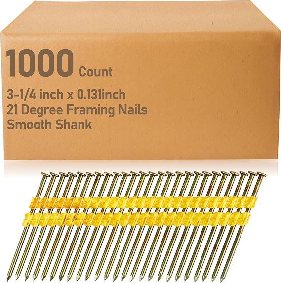 21 Degree Framing Nails | 3-1/4 Inch x .131 | for Metabo Framing Nail Gun | Full Round Head | Smooth Shank | High-Strength Painted | 1,000 Count