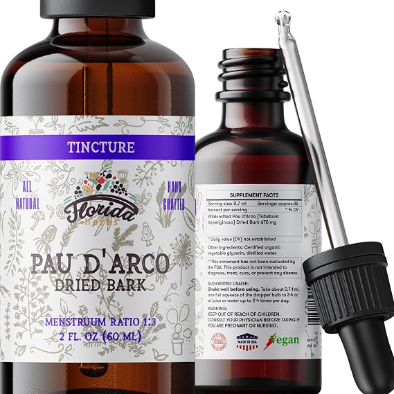 PAU d'Arco Tincture (Tabebuia Impetiginosa) Dried Bark, PAU d'Arco Herbal Liquid and Vegan Extract