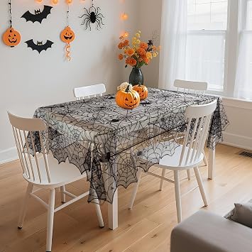 PIGETALE Black Lace Halloween Tablecloth Rectangular Overlay 54 x 72 Inches Spider Web Embroidered Table Cloth Gothic Table Cover Decor for Masquerade Scary Movie Nights Dinner Party Decorations