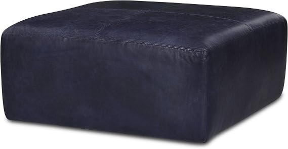 POLY & BARK Sequoia Ottoman 35 Square Pouf with Feather-Down Topper Full-Grain Leather Upholstered Pouf Ottoman for Living Room Italian Leather in Midnight Blue