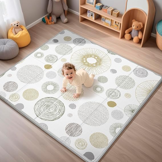 PIGLOG Baby Play Mat, 50x50 Foldable Playpen Mat, Reversible Foam Play Mat for Babies and Toddlers 6-12 Months, Waterproof & Non-Toxic Baby Mat for Floor, Portable Baby Playmat for Tummy Time (Circle)