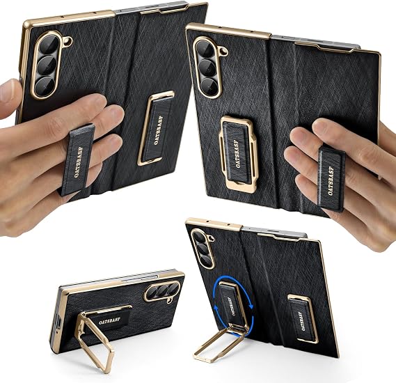 Samsung Galaxy Z Fold 7 Dual Grip Stand Case, Leather & Metal Fold 7 Flip Phone Case, Wrist Strap & Hinge Protection, Drop Proof Kickstand Cover for Fold7 Phone, Classic Black