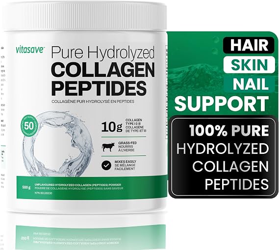 Vitasave Collagen Peptides Powder 10g Hydrolyzed Collagen per Serving Unflavored, Grass-Fed, Keto Friendly Skin, Hair, Nails & Joint Support 500g