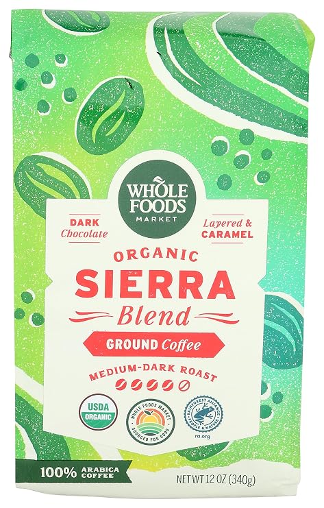Whole Foods Market, Organic Sierra Blend Ground Coffee, Medium-Dark Roast, Dark Chocolate & Caramel, 12 Ounce