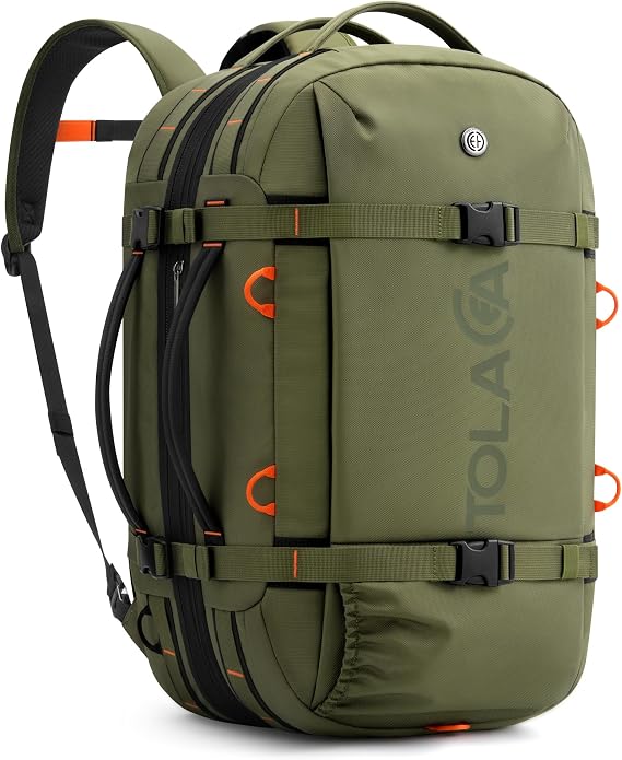 Tolaccea Travel Backpack 40-50L, 16" Laptop Carry On Duffle for Travel Work | 40-50L Expandable, TSA Approved 180 Open, 3L Wet-Dry Pocket, RPET Fabric, 3-in-1 Convertible Carrying, Detachable Waist Belt