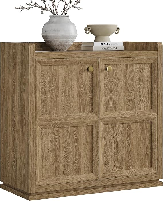 SICOTAS Sideboard Buffet Cabinet with 2 Doors & Shelves, Golden Handles