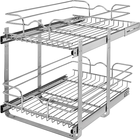 Rev-A-Shelf 2-Tier Kitchen Pullout Organizer, Base Cabinet Steel Wire Shelves, 15" x 22"