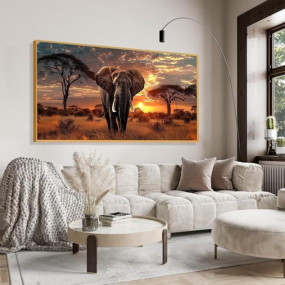 Elephant Canvas Wall Art, Elephant Pictures Wall Decor, African Wall Decor, African Wildlife Wall Art, Animal Wall Art, Jjungle Wall Art, Landscape Wall Art, African Wall Art for Living Room (Gold, 47"x23" | 120x60cm)