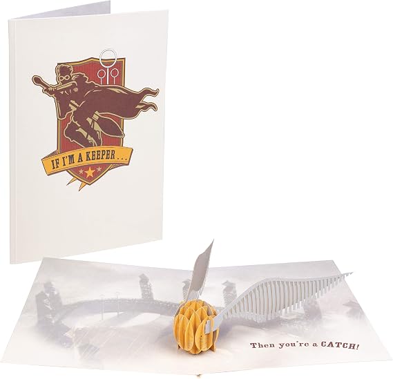Harry Potter Golden Snitch Quidditch Pop-Up Greeting Card - If I'm a Keeper, Then You're A Catch - Valentine's Day, Romance, Love, Anniversary - Gift for Men, Women, Wife, Husband, Boyfriend, Girlfriend