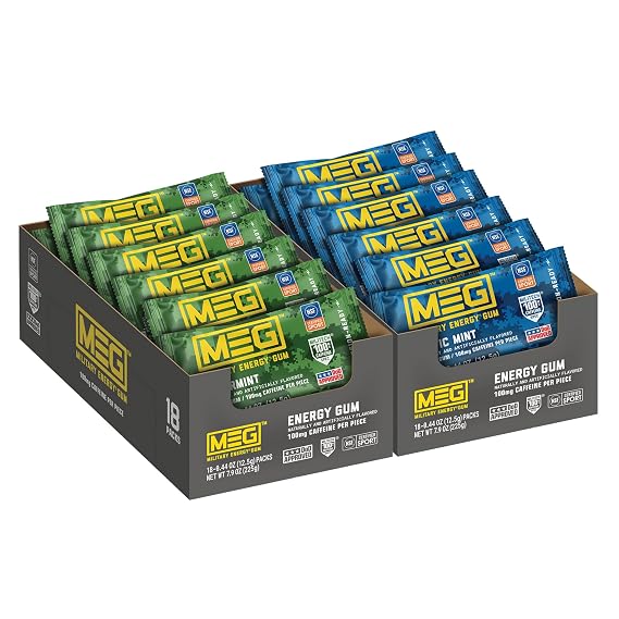MEG (Military Energy Gum) - Spearmint & Arctic Mint Bundle | Enhance Physical Performance -100mg of Caffeine Per Piece, Boost for Workouts, Alternative to Caffeinated Drinks | Pack of 18