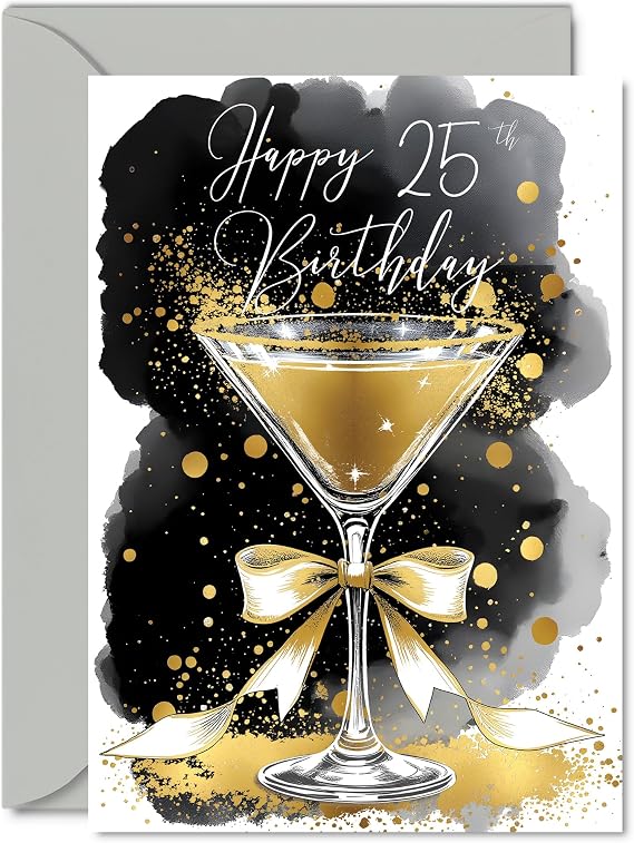 25th Birthday Card, Golden Champagne Glass | Traditional Elegant Beautiful Gold Birthday Cards for 25 Year Old Woman Man Women and Men
