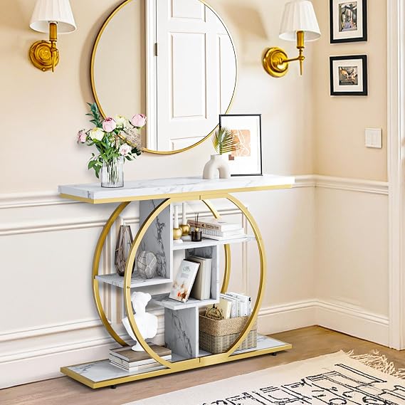 Pampaic Console Table, Hallway Table with 5-Tier Storage Shelves,105 x 30 x 80 cm, Entryway Table with Adjustable Foot Pads, Console Tables for Hallway Slim, Living Room, Behind Couch, White Golden