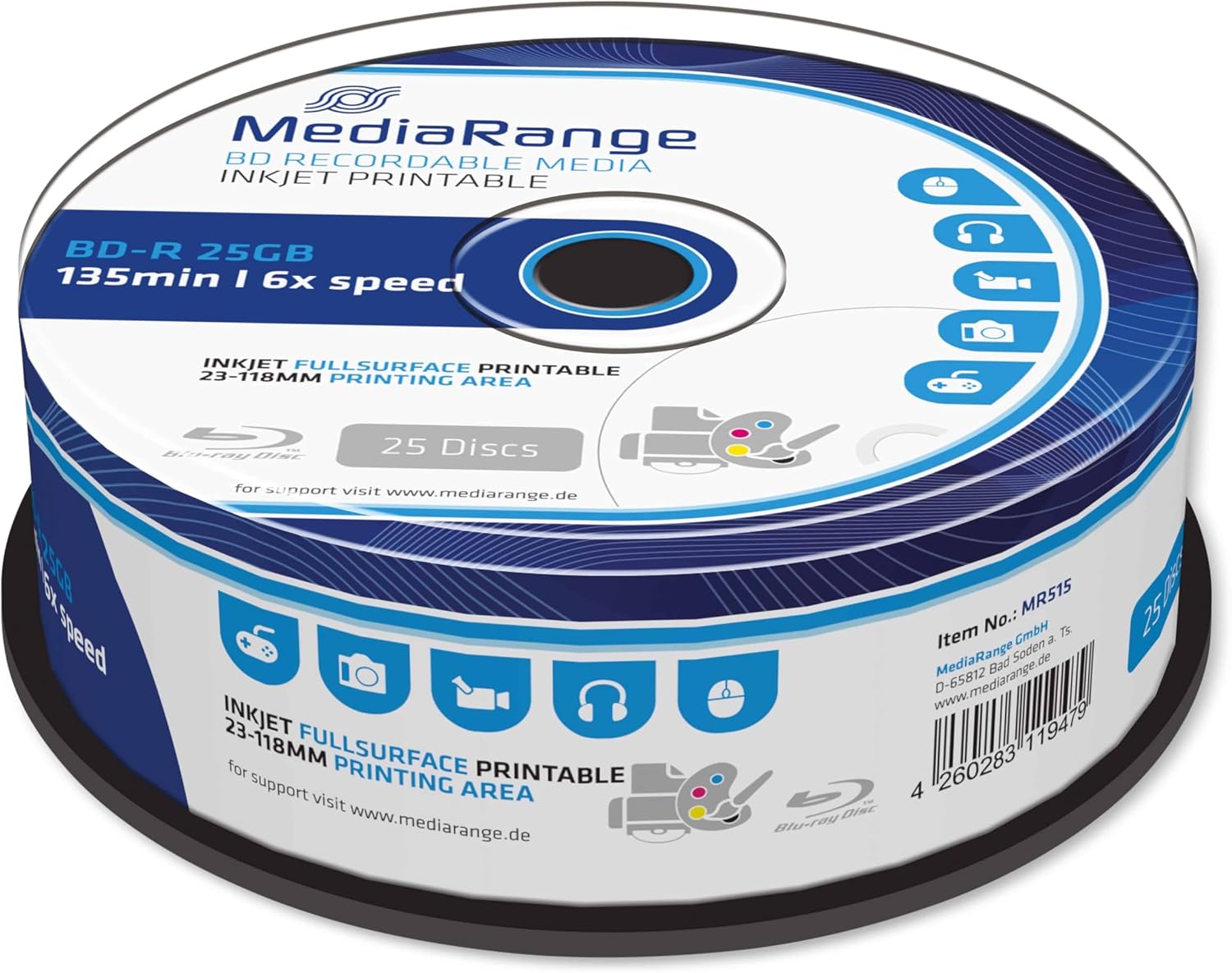 MediaRange BD-R 25GB 6x Write Speed, Full Surface Printable, Cake Box of 25