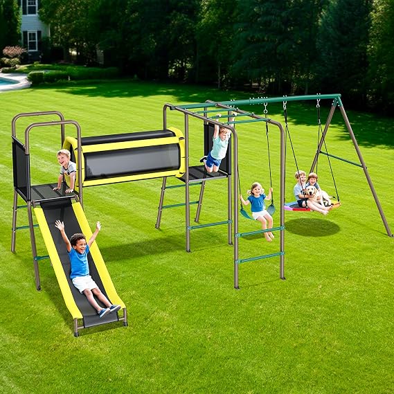 Hapfan Swing Set with Slide,Crawl Tunnel and Monkey Bars for Backyard