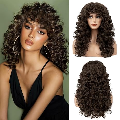 FLUFYMOOZ Curly Wig with Bangs Curly Wig with Fringe for Women Long Curly Wig 50 cm Curls with Thin Fringe Heat Resistant Soft Synthetic Wig for Women (Dark Brown)