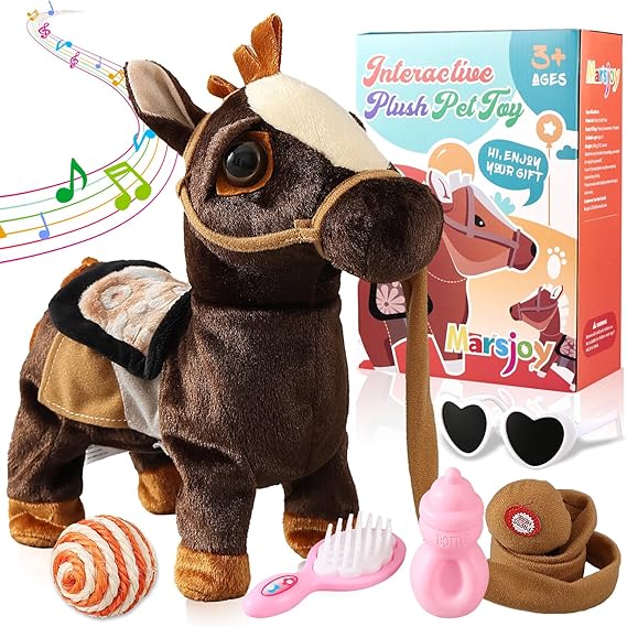 Marsjoy Black Walking Pony Toy Musical Singing Dancing Plush Interactive Walk Along Toy Horse with Leash Pony Robot Stuffed Animal for Boy Girl Ages 3+ H: 11.81" Age 3+