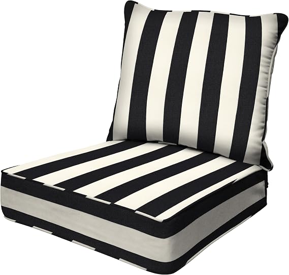 Honeycomb Outdoor Heritage Deep Seat, 24 x 23, Cabana Stripe Black and Ivory Chair Cushion with Removable Cover, for Patio Furniture