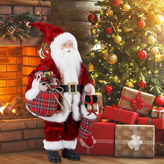 AGM 18" Santa Claus, Christmas Figurine Figure Decor with Christmas Sock and Gifts Bag for Holiday Party Home Decoration