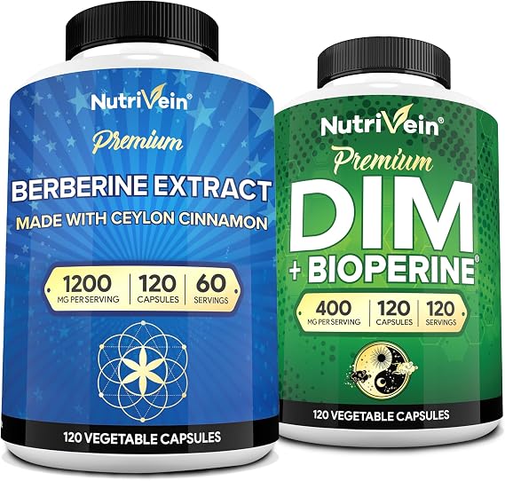 Nutrivein Premium DIM & Berberine Supplement Bundle: High-Absorption Berberine & DIM Supplement with Bioperine - for Hormonal Balance, Digestive Regularity, Metabolism, Overall Wellness