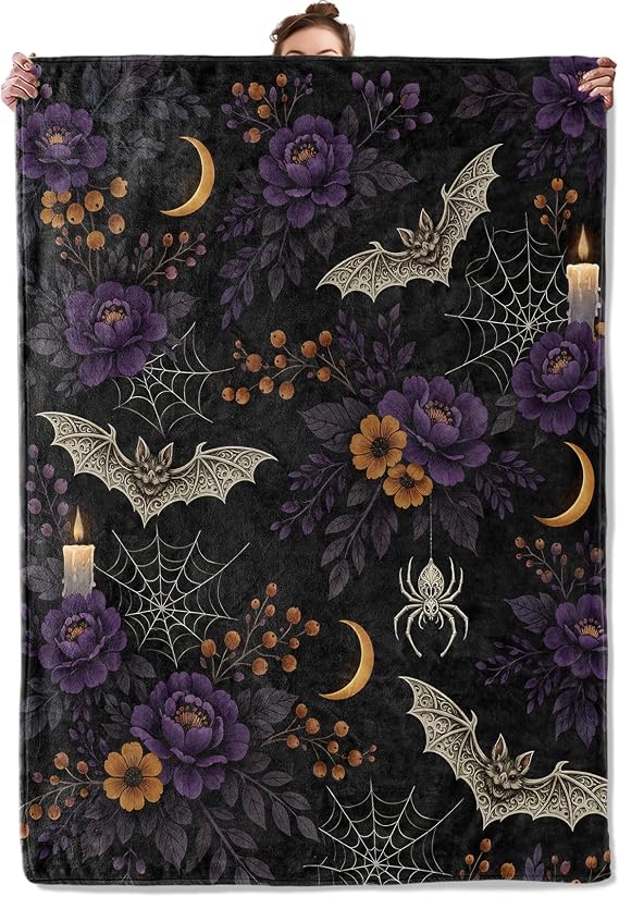 Gothic Bat Flannel Throw Blanket Dark Floral and Spider Web Pattern Halloween Decor for Goth Lovers Cozy Lightweight Fleece Blankets Bedroom Couch Dorm Camping Travel Gifts, 50x60inch