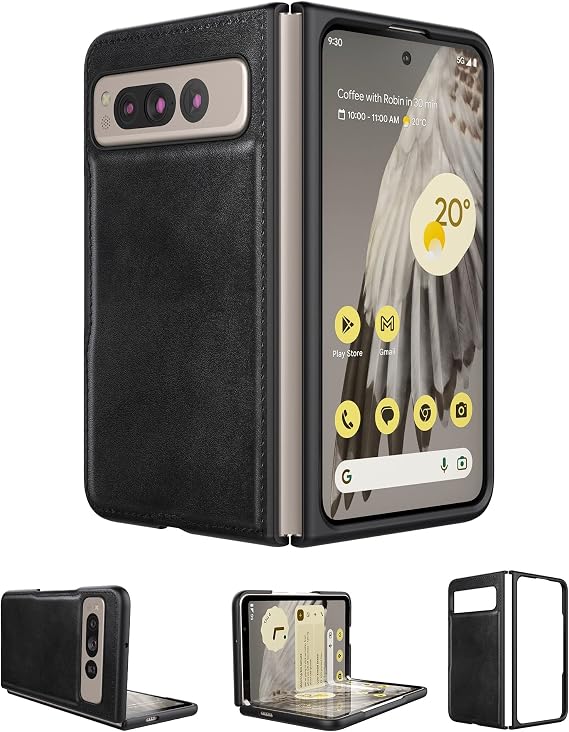 Foluu for Google Pixel Fold Case, Leather Case, PU Leather + Hard PC Shell Ultra Thin Slim Durable Protective Phone Case Cover for Google Pixel Fold 2023 (Black)