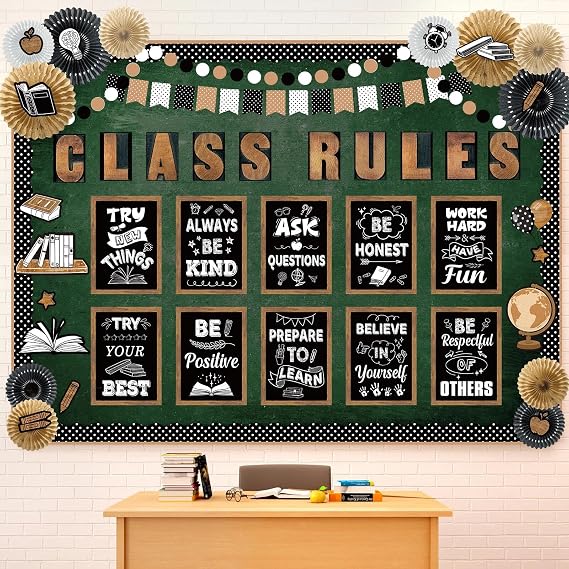 Pajean 127 Pcs Black Gold Classroom Bulletin Board Decoration Set Class Rules Posters with Paper Fans Motivational Wall Sign Inspirational Classroom Decor for Elementary Middle School Teacher Supplies