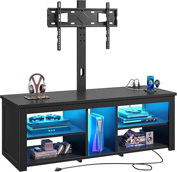 Romorgniz Modern TV Stand with Mount for 55/65 Inch TVs,Carbon Fiber Black | Wood TV Stands with Power Outlet & LED for Living Room,5 Wooden Shelves,Height Adjustable Swivel TV Mount