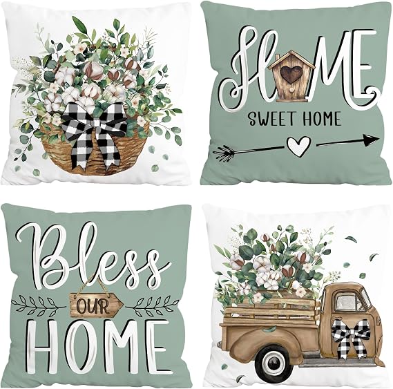 FUTBU Farmhouse Throw Pillow Covers 18x18 Inch, Home Sweet Home Hello Spring Cushion Case Bless Our Home Pillow Case Decoration for Sofa Couch Set of 4 Blue