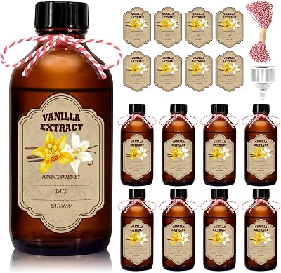 8 Pack Amber Glass Vanilla Extract Bottles with Lids, 8 PCS Vanilla Extract Labels and Funnel, Glass Boston Vanilla Bottles for Syrup Gift, Jars Glass Bottles for Vanilla Extract 4oz