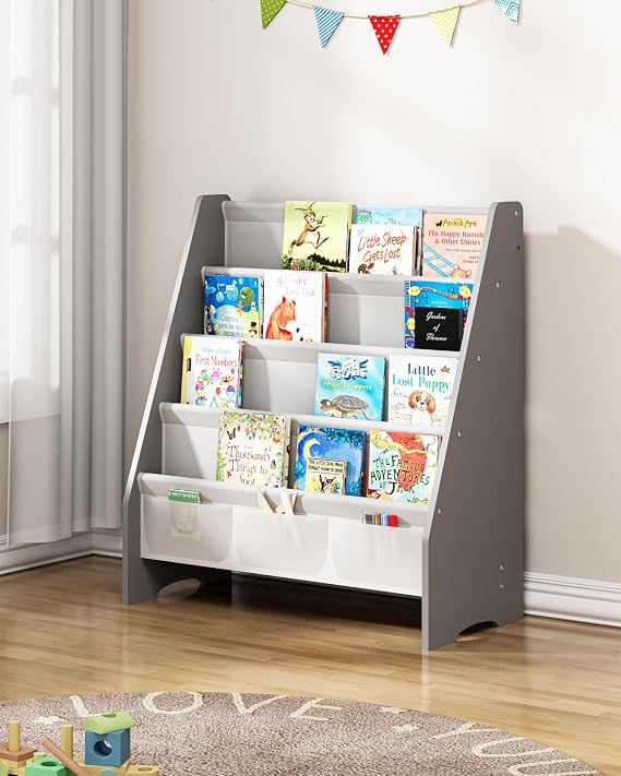 SEIRIONE Sturdy Kids Bookshelf, 4-Tier Book Shelf for Kids Room with Oxford Fabric-Nursery Room Playroom Classroom, Deep Slings to Keep Books Upright, Ideal Height for Toddler Age 3+, Grey