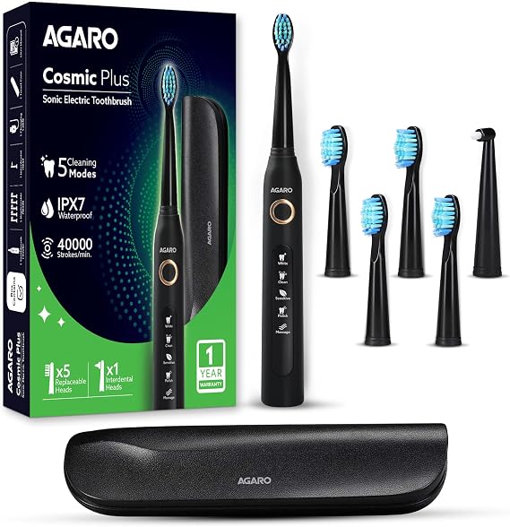 AGARO Cosmic Plus Sonic Electric Tooth Brush for Adults with 5 Modes, 5 Brush Heads, 1 interdental Head and Rechargeable with 4 Hours Charge Lasting up to 25 Days (Black)