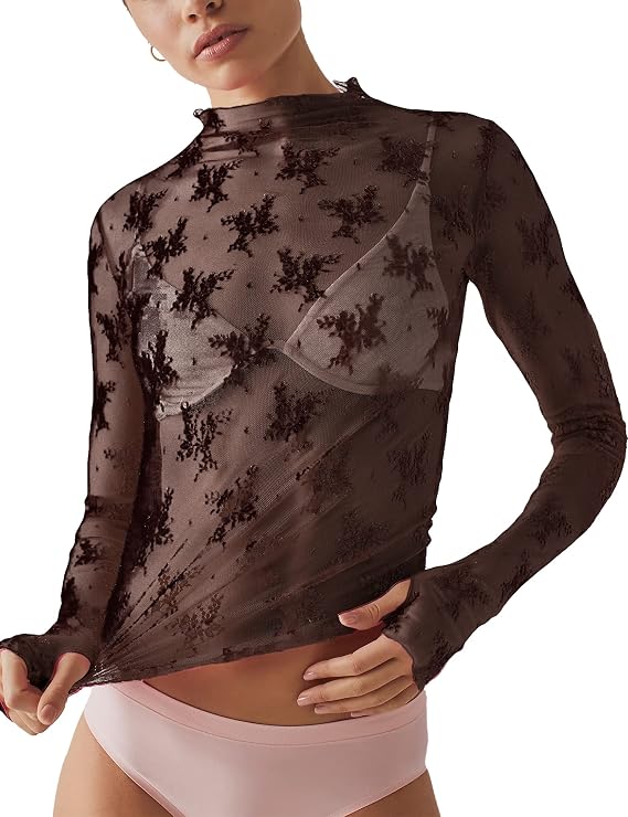 Ugerlov Women's Lace Long Sleeve Tops Mock Neck Mesh Tops Sheer Shirts | See Through, Floral Design, Thumbhole, Lace Undershirt, Layering Top, Blouse for Party Club Night Out Dating Beach Shopping