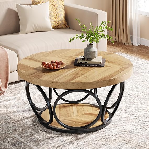 Tribesigns Round Coffee Table,80cm Round Wood Center Table, Farmhouse Large Circle Coffee Tables with 2-Tier Storage, Modern Simple Tea Table (Wooden Grain)