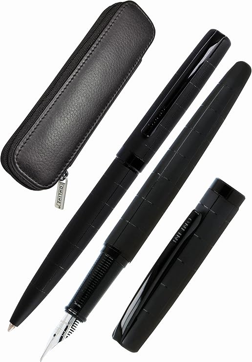 Online Set Eleganza Fountain Pen & Ballpen I Black Style I Nib Size M I Metal Clip I Retractable Biro I Fountain-Pen for Standard Ink Cartridges Or Converter I In Gift Box