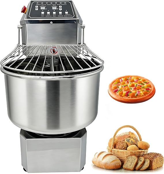 50L Double Action Double Speed Spiral Mixers,110V Adjustable Speed Dough Mixer,Commercial Stainless Steel Kneader,Mixing Capacity 40 Pounds per Session