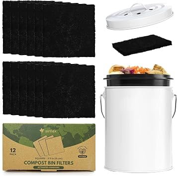 AIRNEX Charcoal Filters for Compost Bucket 3.5 in Square - Pack of 12 Odor Blocking Compost Filters for Countertop Bin, Trash Cans & Litter Boxes - Universal Replacement Compost Bin Filter Charcoal