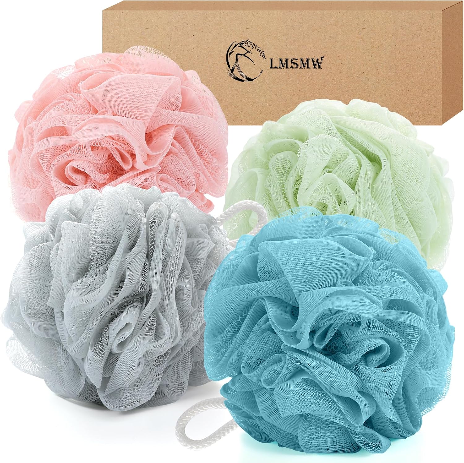 Bath Body Poufs 4 Pack - Deep Exfoliating Loofah Sponges & Shower Poufs for Women Men, Luxurious Luffa Bath Sponge Scrubber Puffs Multicolor