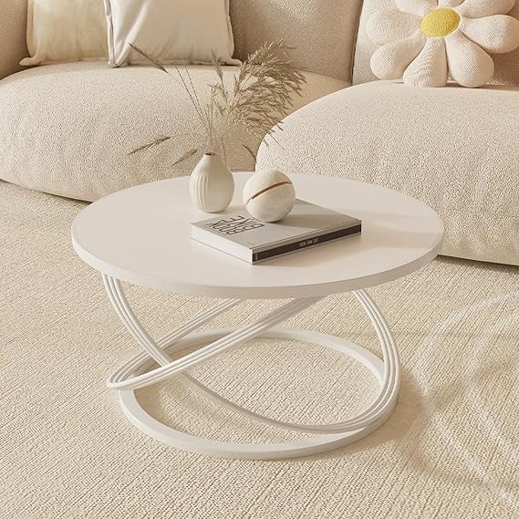 Modern Round Coffee Table, Living Room Tables, Rock Board, Metal Frame, for Living Room, Home Small Space(White,60CM/23.6'')
