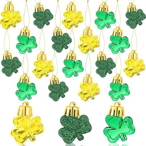 36pcs St Patrick's Day Mini Shamrock Ornaments for Small Tree Decorations Good Luck Clover Hanging Bauble Green Gold Irish Ornaments for Saint Patrick's Day Tree Shelf Decor Party Favors Supplies