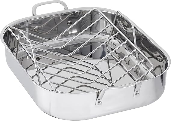 Amazon Basics Stainless Steel Rectangular Roasting Pan with Rack, Turkey Roaster, Dishwasher Safe, Easy to Clean, Oven Safe, 16 in