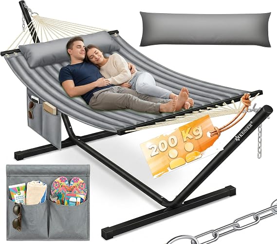 KESSER Hammock with Frame and Cushion, Double Hammock for 2 Persons, 200 kg Load, Indoor and Outdoor, XXL, Hanging Chair, Garden, Pool, Balcony, Terrace - Grey